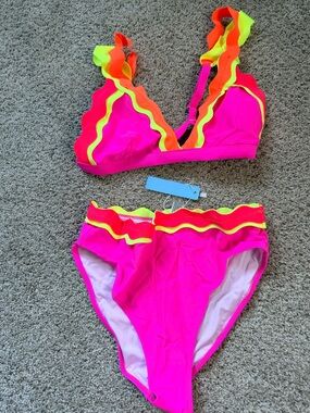 Popvil NEW Neon Pink Scallop Bikini Set with Yellow & Orange Trim